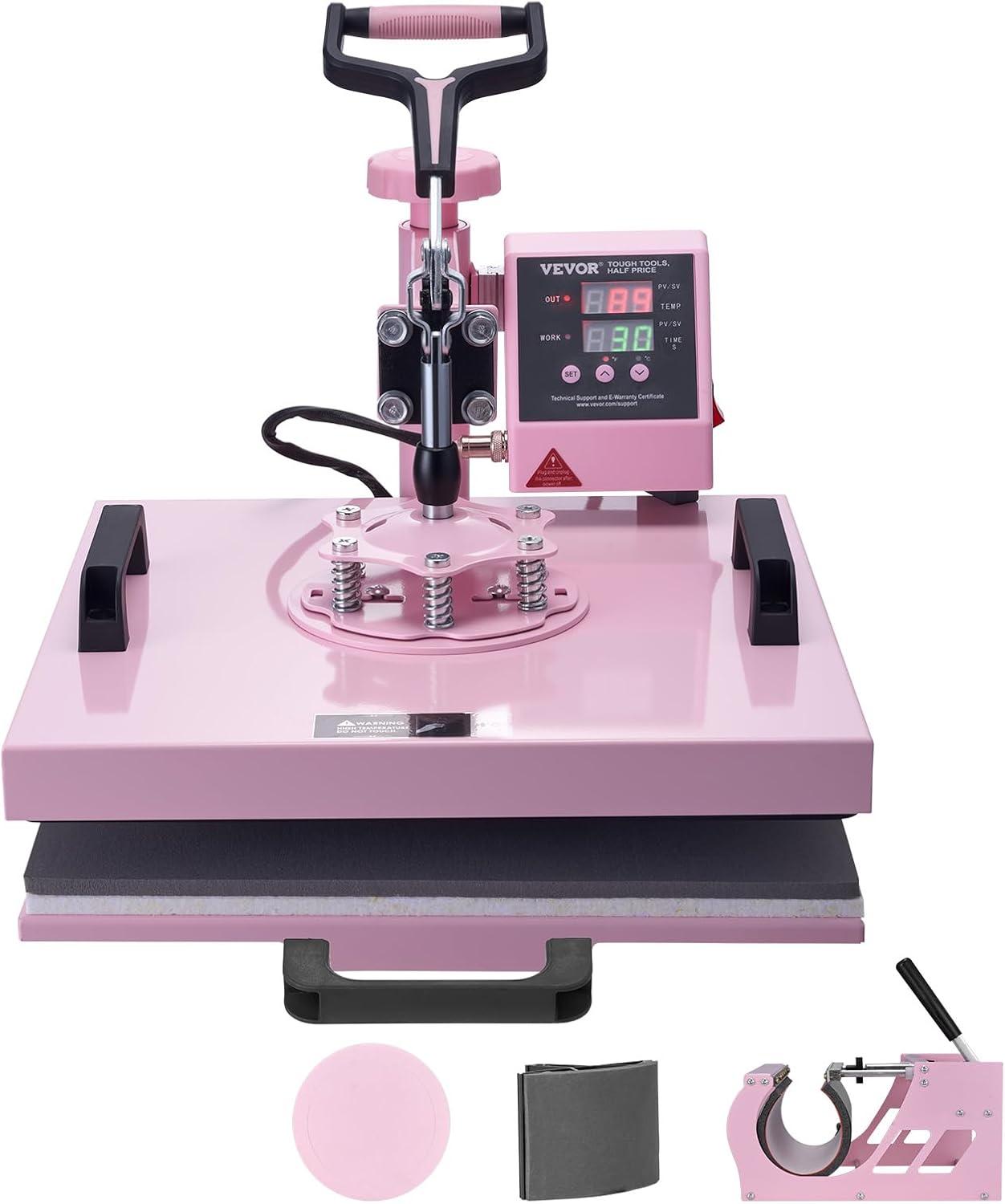 VEVOR Heat Press Machine 15x15 inch, Heat Press Machine for T-Shirts, 5 in 1 Heat Press with 30 OZ Tumbler Press, Combo Tumbler Heat Press Machine Sublimation for Hat Cap Mug Plate, Pink