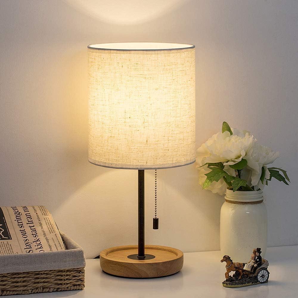 Modern White Linen Shade Table Lamp with Wooden Base