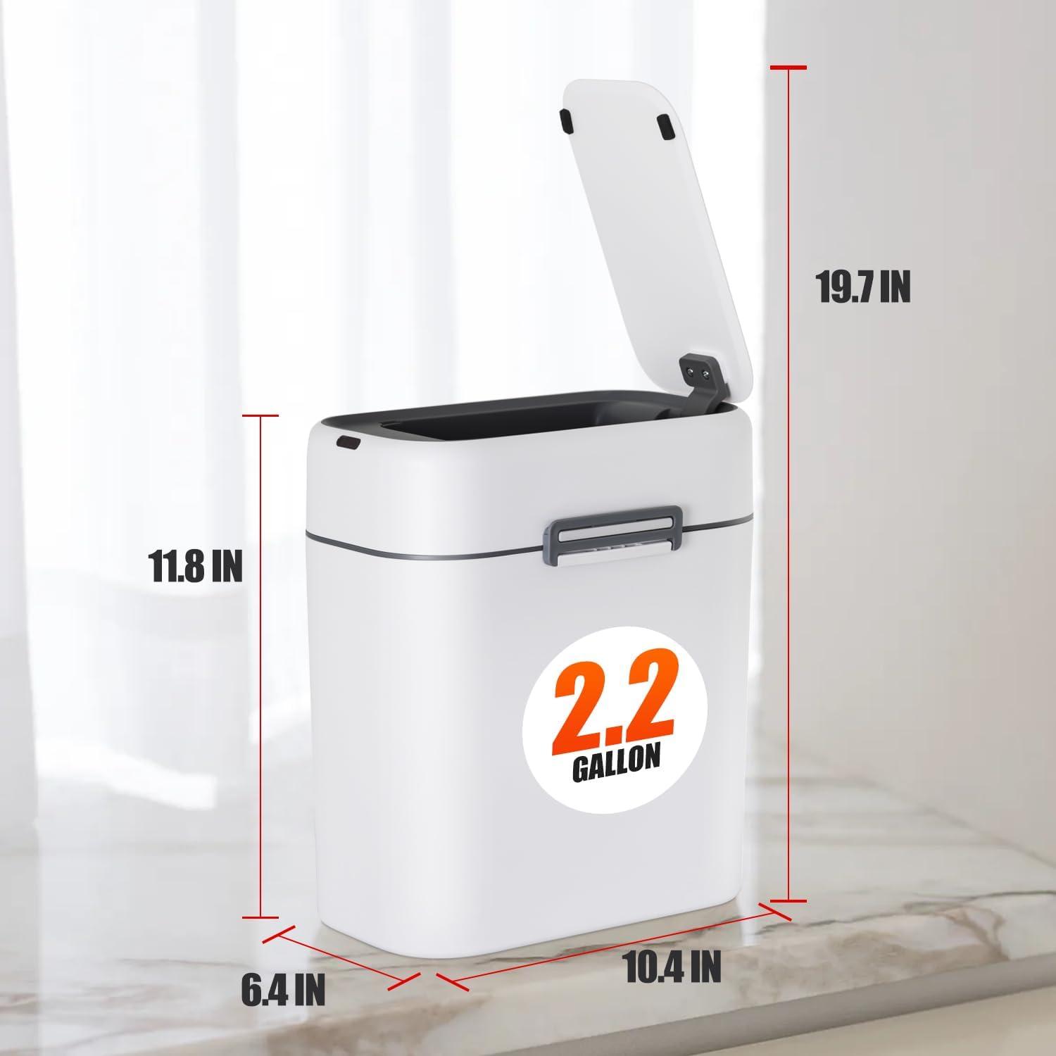 White Touchless Rectangular Plastic Trash Can with Quiet Close Lid