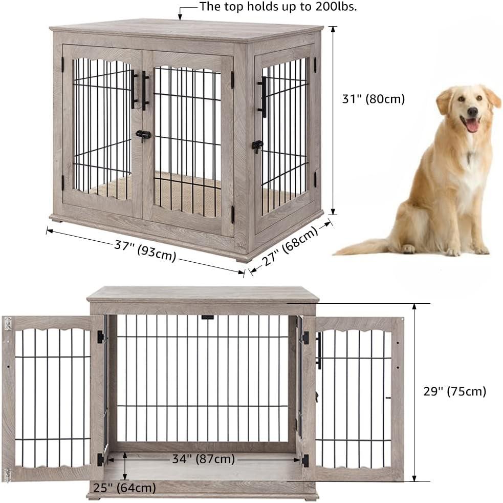 Unipaws Pet Crate End Table, Double Doors Wooden Wire Dog Kennel with Pet Bed, Large Dog Crate