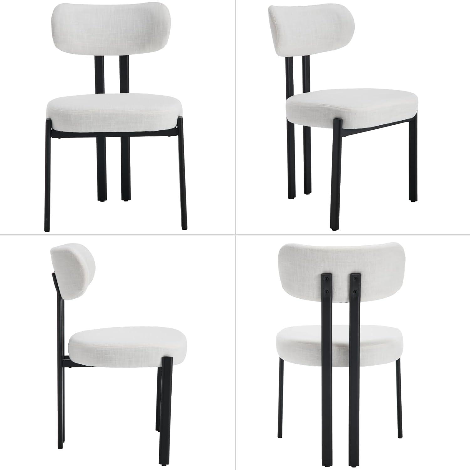 Set of 4 Beige Upholstered Dining Chairs with Black Metal Legs