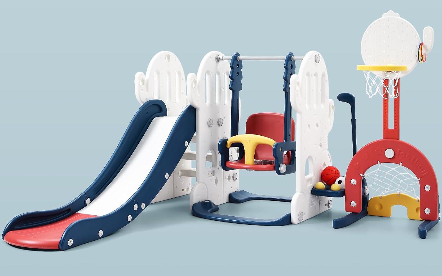 Garvee 7-in-1 Toddler Playset - Adjustable Swing & Slide with Basketball Hoop, Soccer/Golf & Ring Toss, Indoor/Outdoor for Ages 1-3, Blue