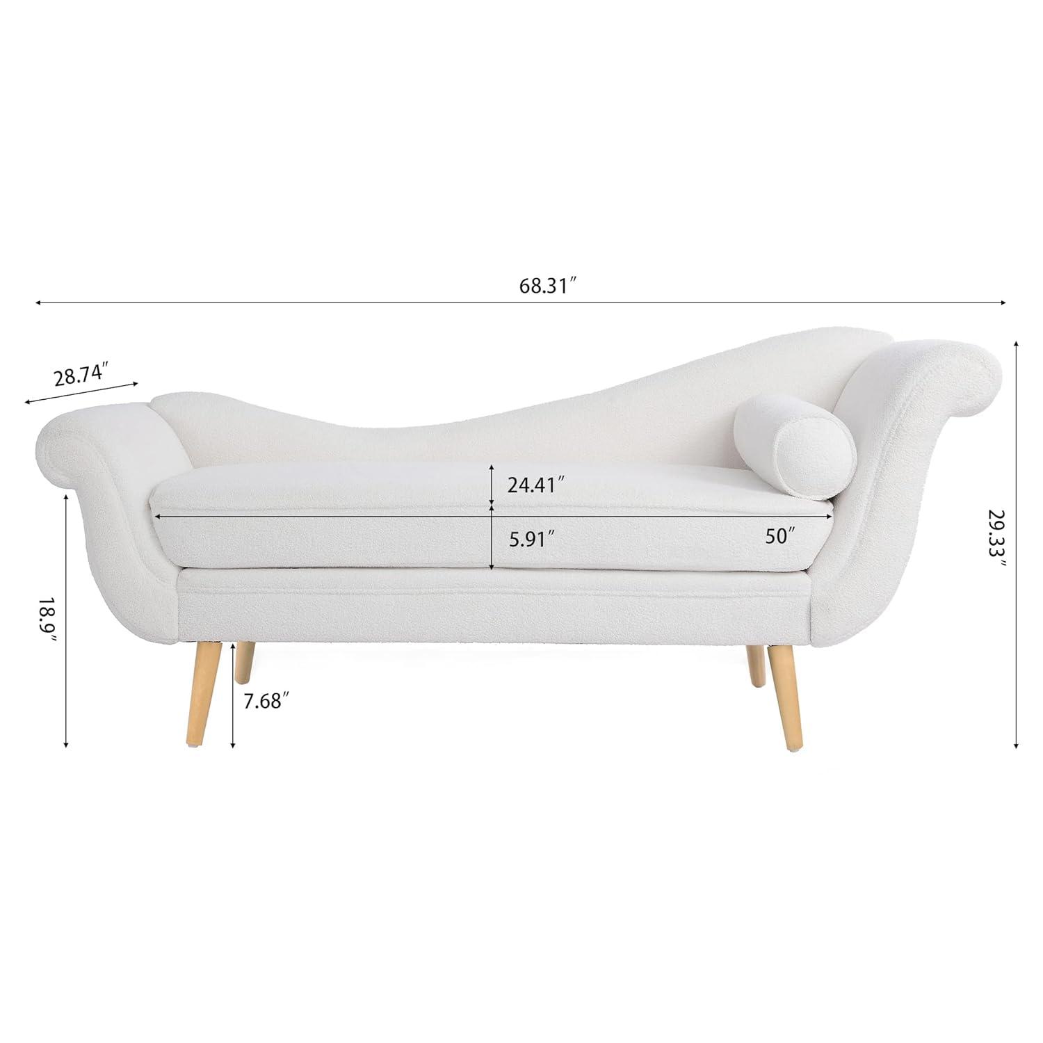 Chaise Lounge Chair Indoor Velvet Upholstered, Modern Sled Base Design with Sturdy Birch Legs, Ergonomic Curved Lumbar Pillow for Living Room, Bedroom, Home Office (White)