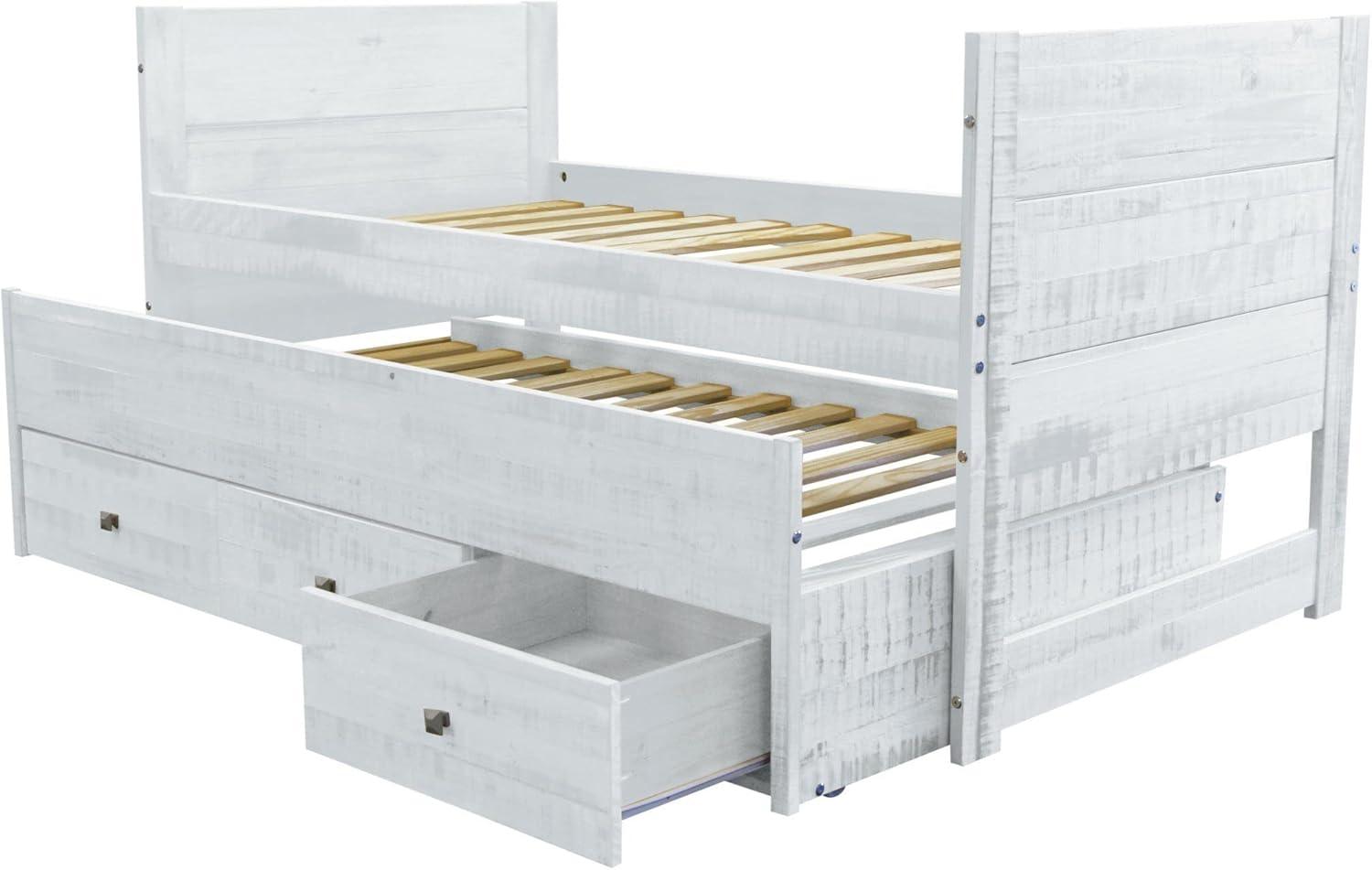 Rustic White Twin Wood Frame Bed with Trundle and Storage Drawers