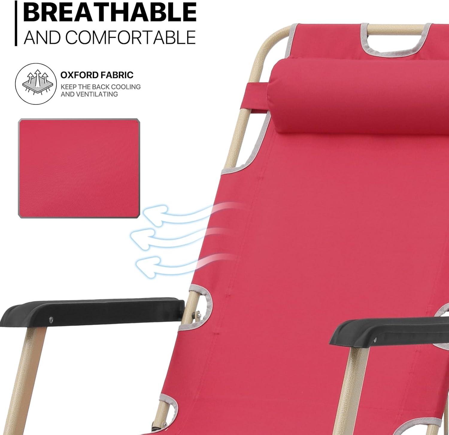 MoNiBloom Lounge Chair with Adjustable Headrest, Outdoor Foldable Recliner, Folding Reclining Lounger for Adults, Support 330lbs, Maroon