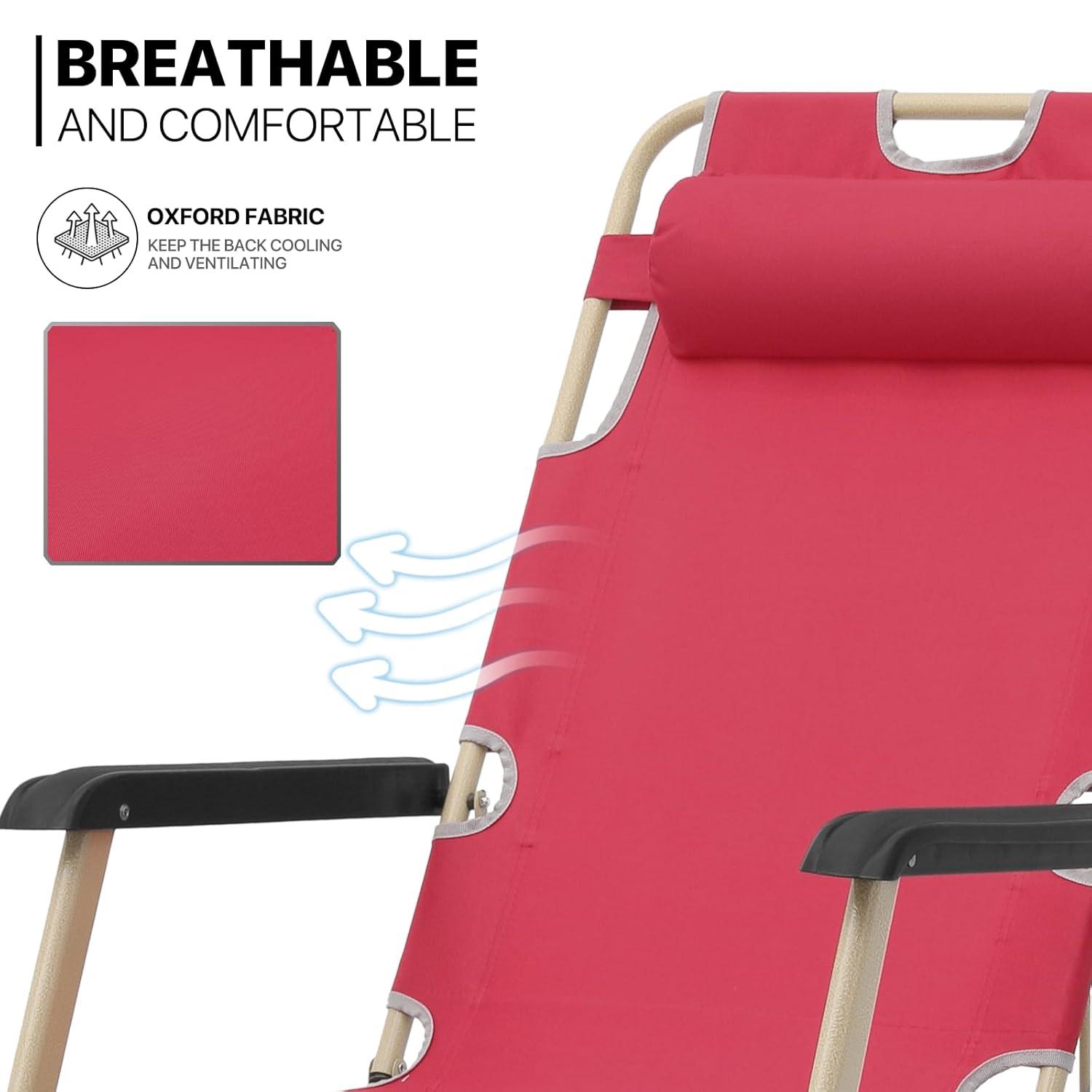 MoNiBloom Lounge Chair with Adjustable Headrest, Outdoor Foldable Recliner, Folding Reclining Lounger for Adults, Support 330lbs, Maroon