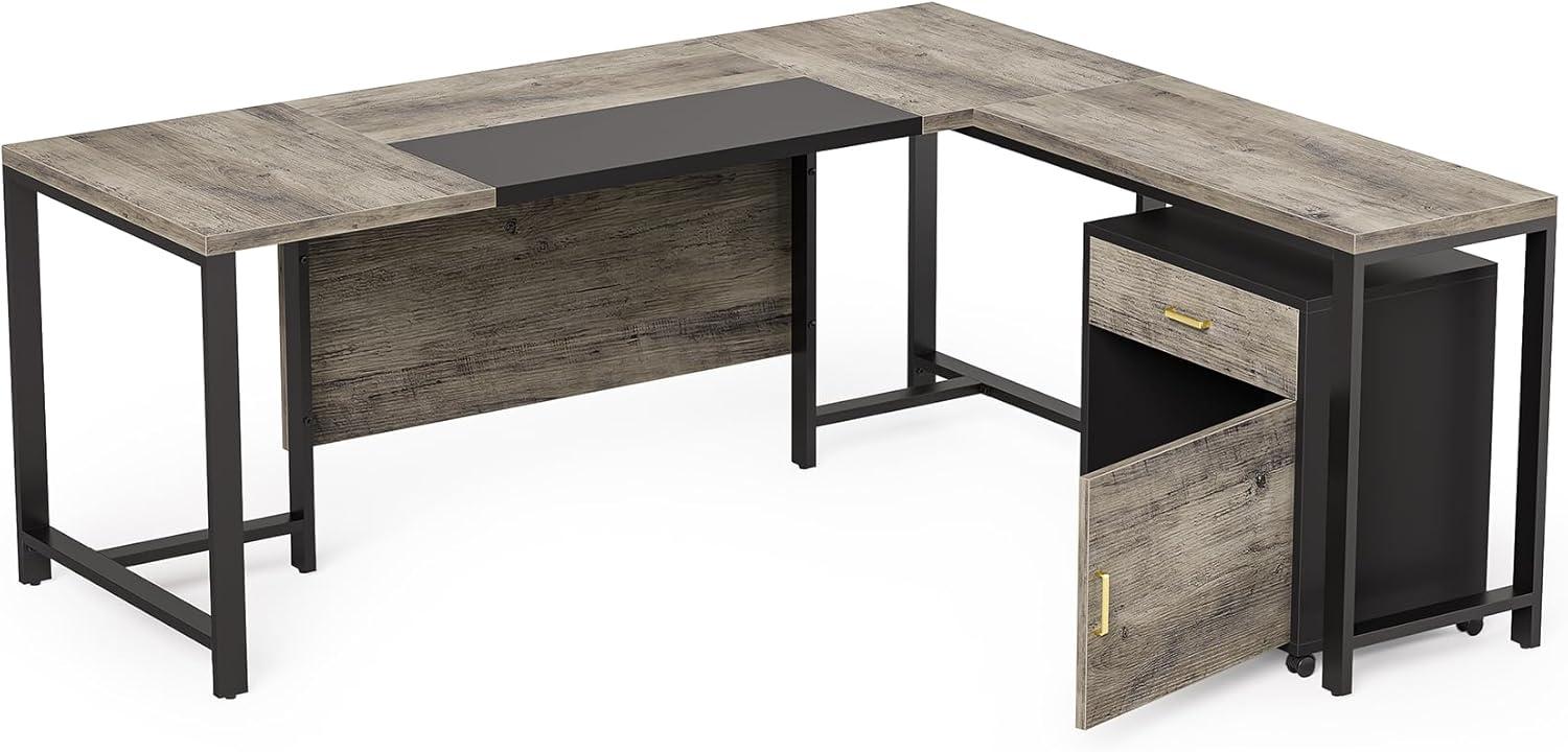 Tribesigns 70.8" Executive Desk with 55" File Cabinet, Industrial L Shaped Computer Desk, Large Executive Desk for Home Office, Walnut & White