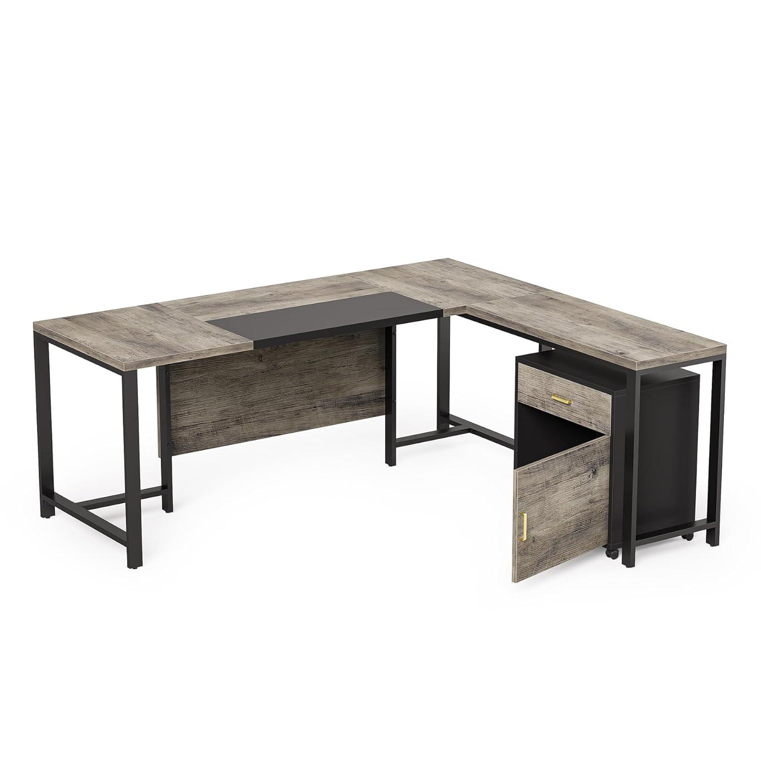 Tribesigns 70.8" Executive Desk with 55" File Cabinet, Industrial L Shaped Computer Desk, Large Executive Desk for Home Office, Walnut & White