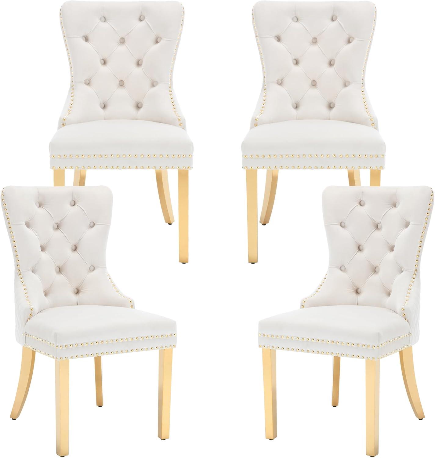 SoarFlash Velvet Dining Chairs Set of 4, Tall Back Side Chair, Modern Upholstered High-end Tufted Side Chair with Button Back Ring, Solid Wood Legs (Beige)