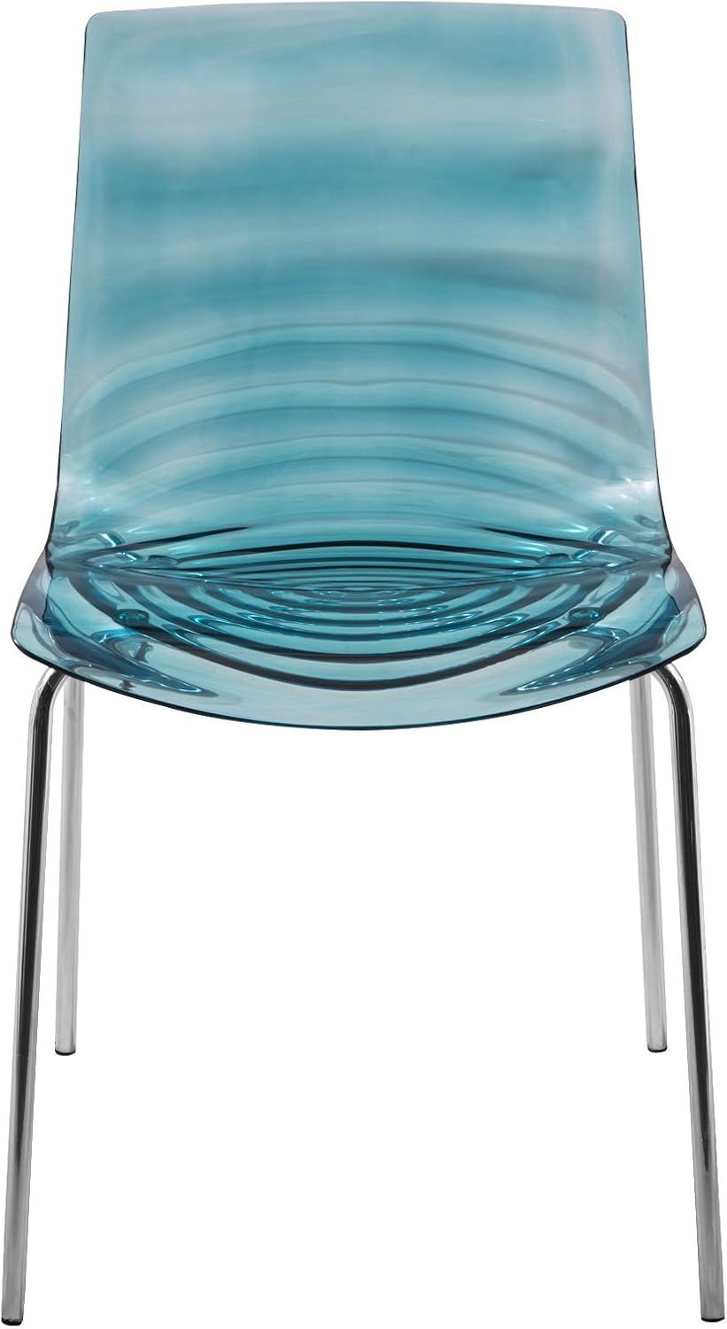 LeisureMod Astor Acrylic Dining Chair with Water Ripple Design and Metal Legs in Transparent Blue