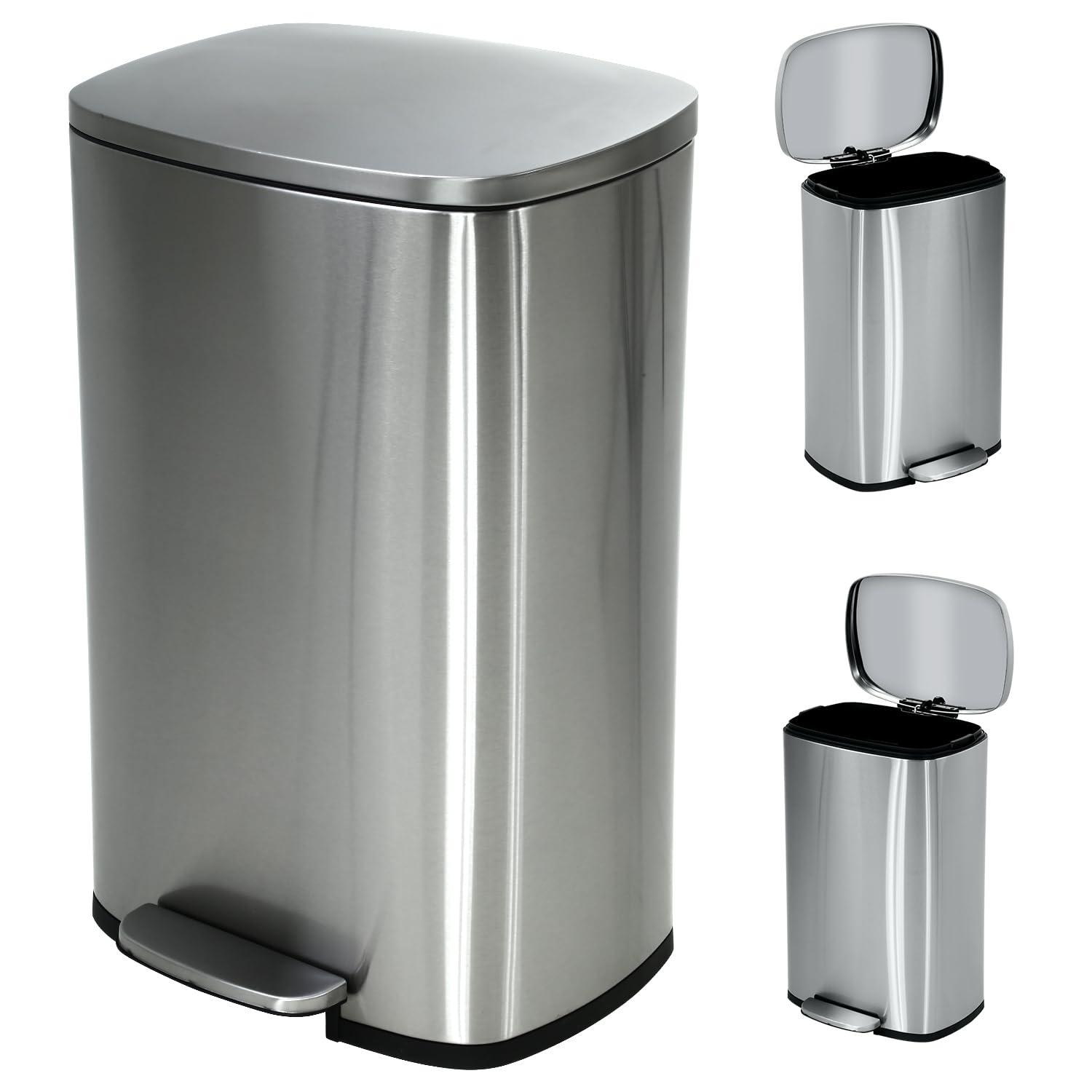 13 Gallon Tall Kitchen Garbage Can, Stainless Steel Trash Bin with Soft-Close Lid, Step Pedal, Oval Shape, Fingerprint-Resistant, Removable Inner Bucket