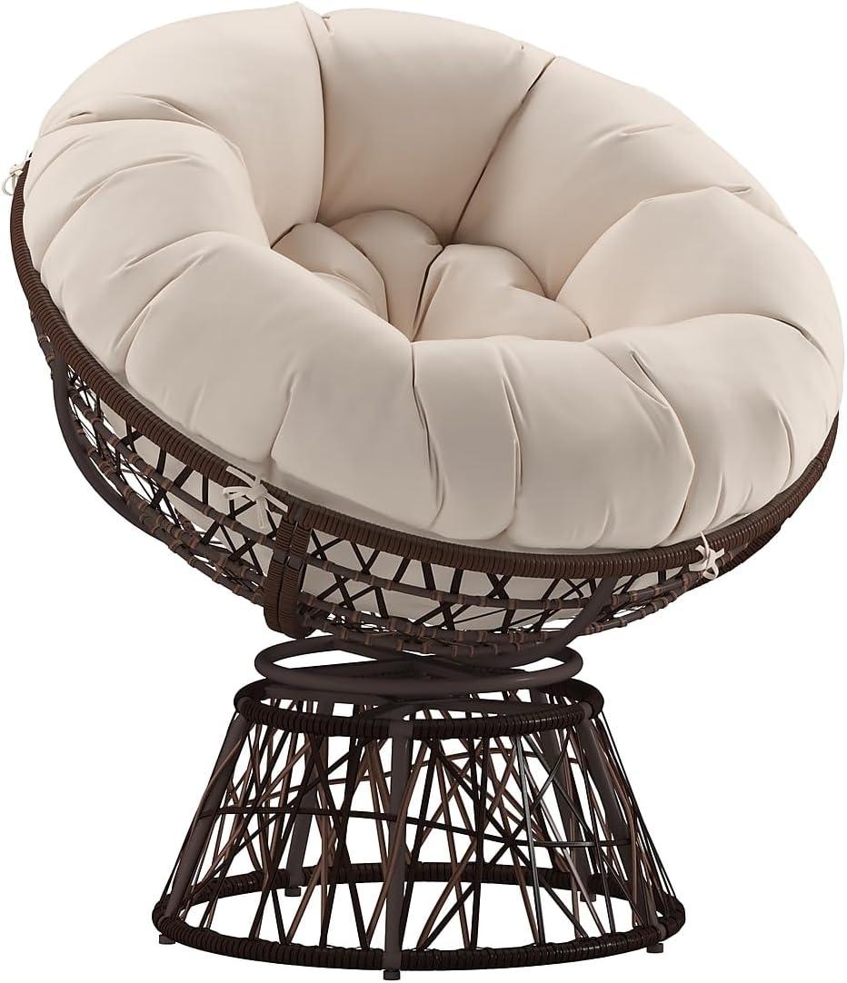 360° Swivel Patio Chair with Beige Cushion and Brown Metal Frame