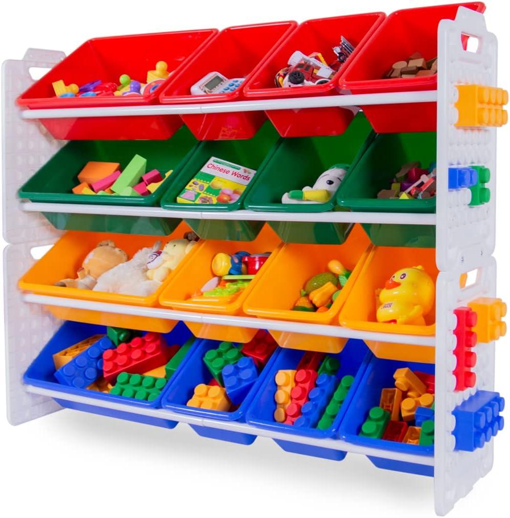 UNiPLAY Toy Organizer With 16 Removable Storage Bins, Multi-Bin Organizer for Books, Building Blocks, School Materials, Toys with Baseplate Board Frame (Primary)