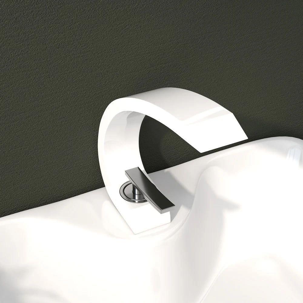 Homary 1-Handle Single Hole Solid Brass Sink Faucet Bathroom Curved Spout with Drain Assembly and Supply Hose Lavatory Mixer Tap, Glossy White