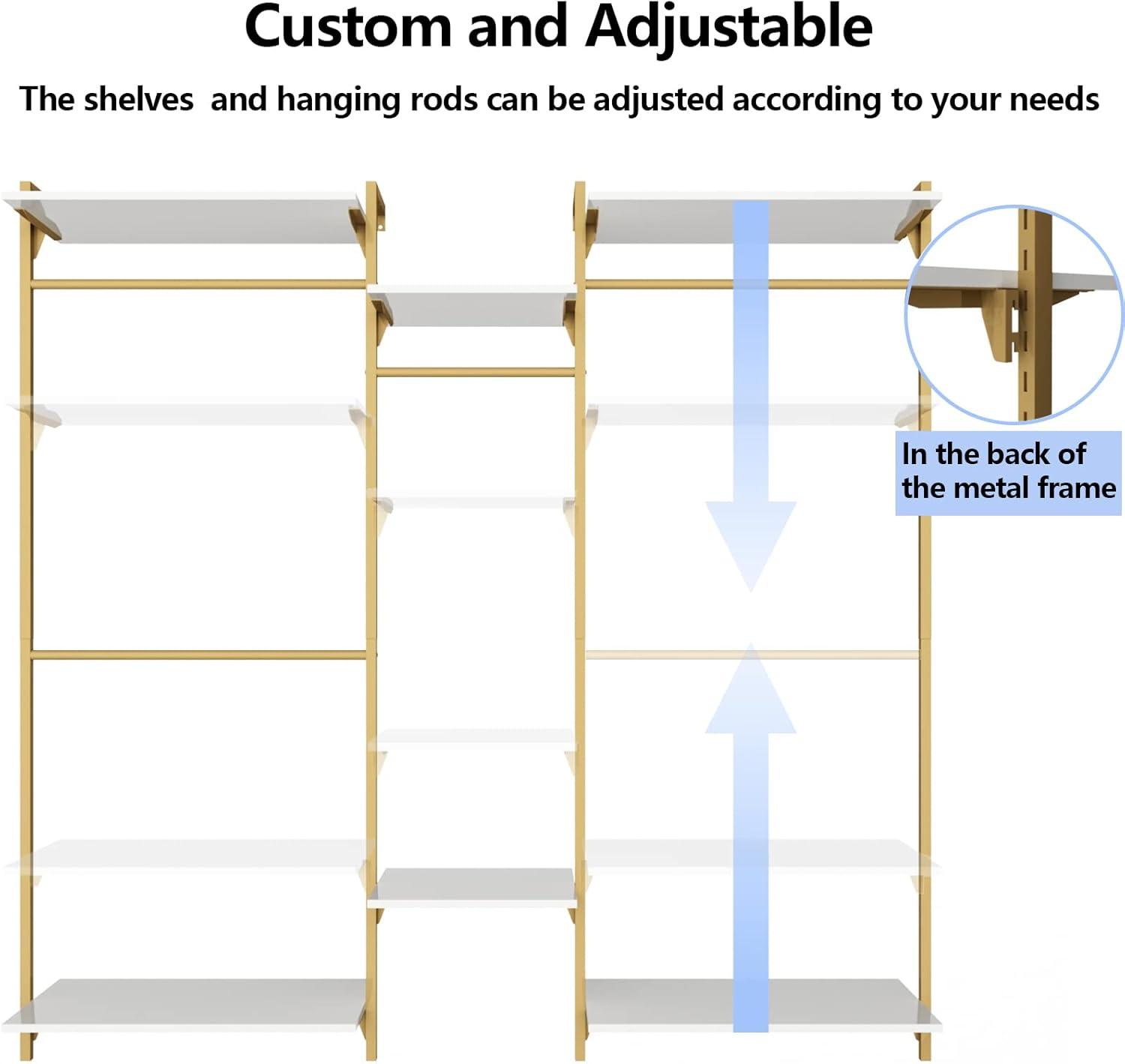 Rebrilliant Oloran Gold Wall Mount Clothes Rack with 4 Hanging Rods, Clothing Rack with 6-Tier Adjustable Shelves