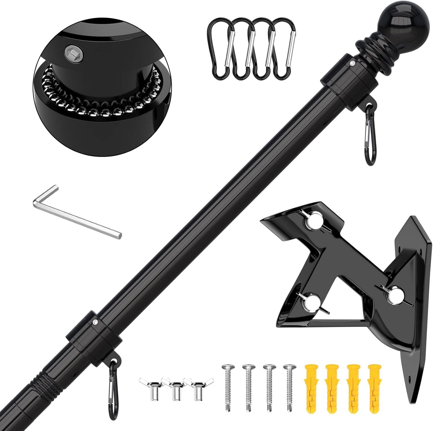 5 FT Black Stainless Steel Tangle-Free Flagpole Kit with Bracket