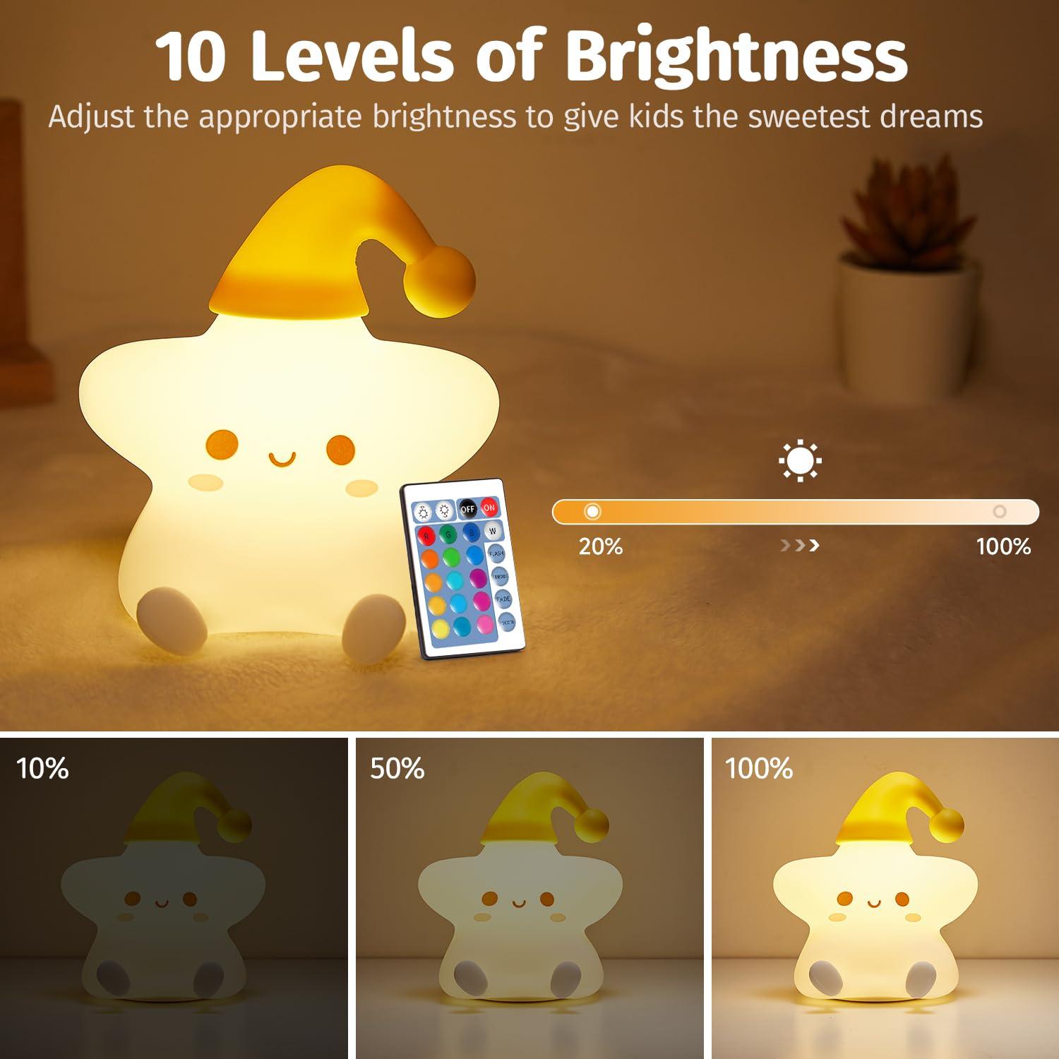 Mubarek Cute Star Night Light, Remote Controlled 10 Level Dimmable, Rechargeable Silicone Squishy Cute Star Light for Bedroom, Kawaii Girls Night Light Gift