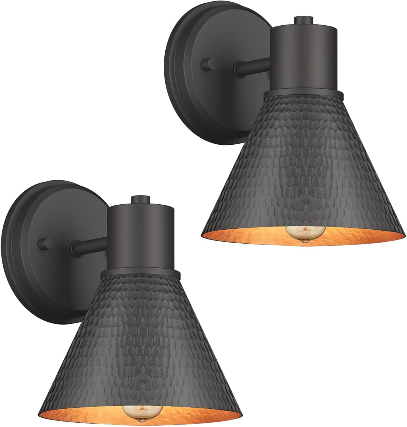 Outdoor Wall Sconces, 2-Pack Wall Lights Fixture, Exterior Farmhouse Porch Light With Hammered Metal Shade, Anti-Rust Waterproof Black Outside Barn Light For Front Porch Patio Garage Gazebo House