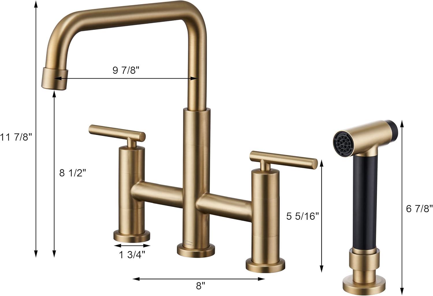 Double Handle Bridge Kitchen Faucet in Brushed Gold, with Put Out Side Sprayer