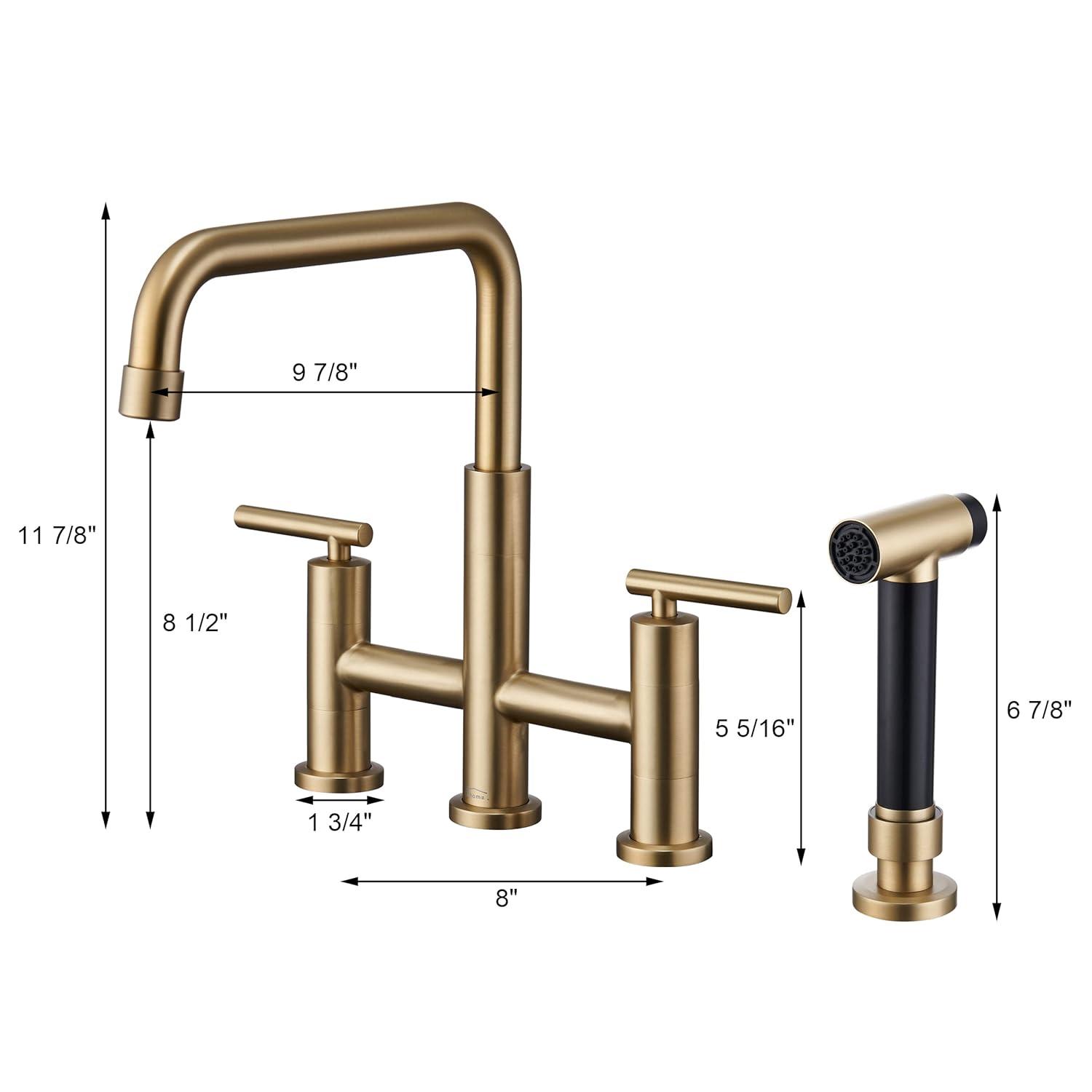 Double Handle Bridge Kitchen Faucet in Brushed Gold, with Put Out Side Sprayer