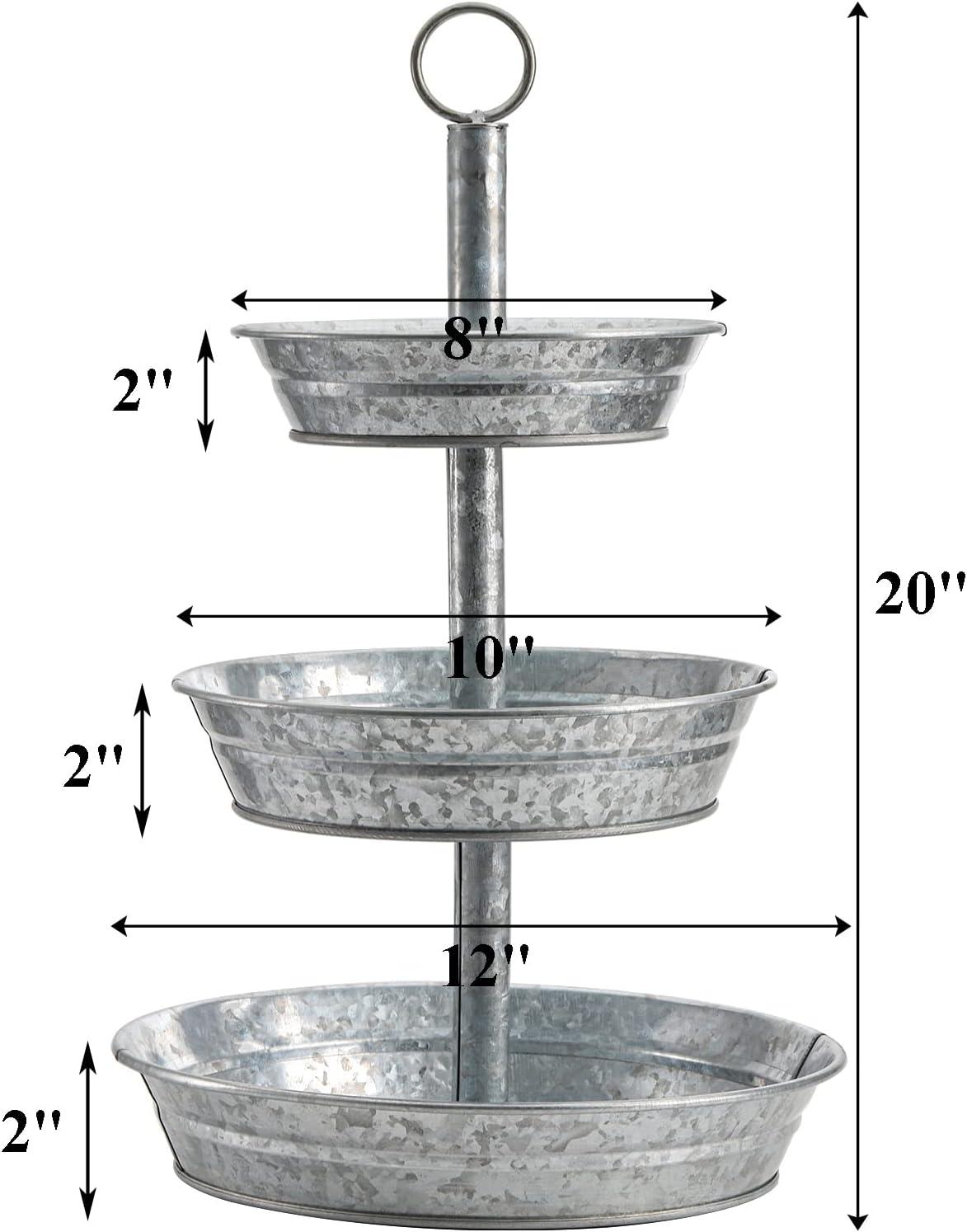 3 Tier Serving Tray - Galvanized, Rustic Metal Stand. Dessert, Cupcake, Fruit & Party Three Tiered Platter. Country Farmhouse Vintage Decor for The Kitchen, Home, Farm & Outdoor by Hallops