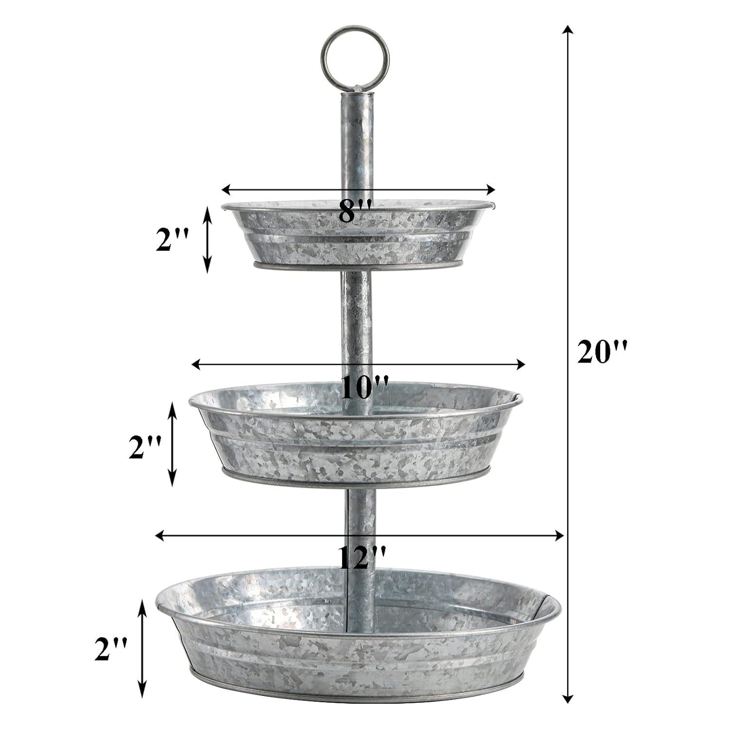 3 Tier Serving Tray - Galvanized, Rustic Metal Stand. Dessert, Cupcake, Fruit & Party Three Tiered Platter. Country Farmhouse Vintage Decor for The Kitchen, Home, Farm & Outdoor by Hallops