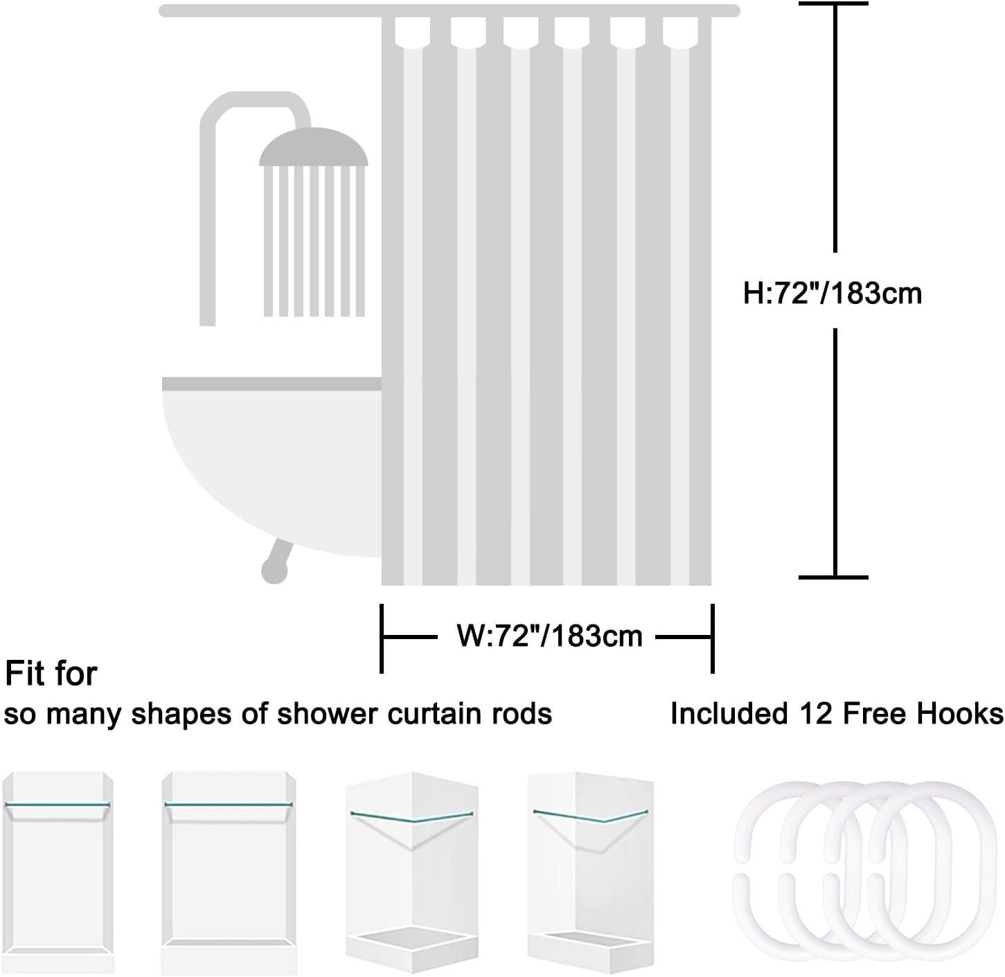 72-Inch White and Gray Striped Polyester Shower Curtain with Hooks