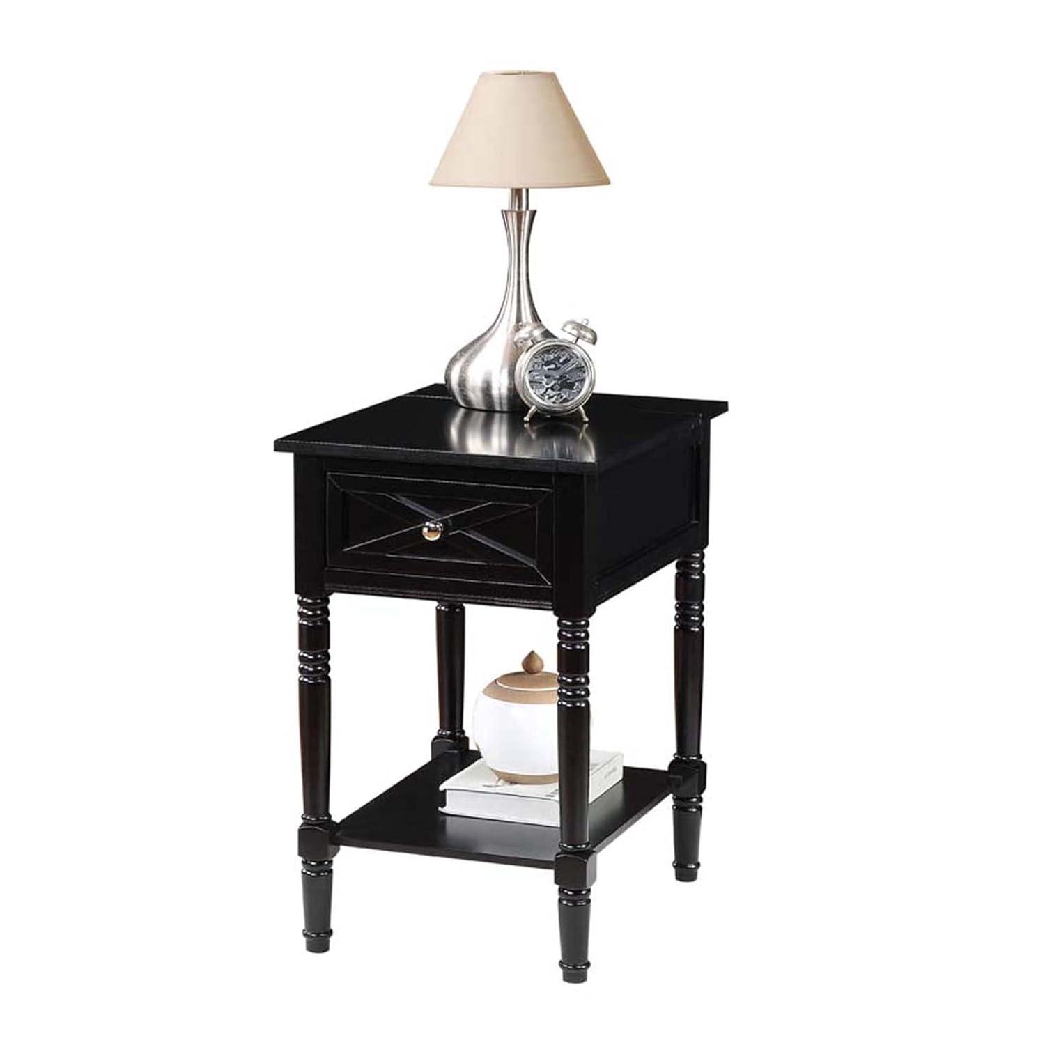 Convenience Concepts Country Oxford 1 Drawer End Table with Charging Station and Shelf, Black