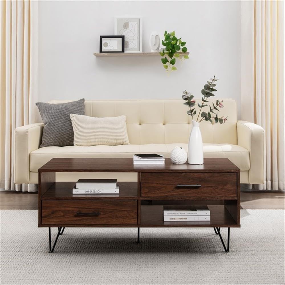 42" 2-Drawer Wood Coffee Table with Hairpin Legs - Dark Walnut/ Black