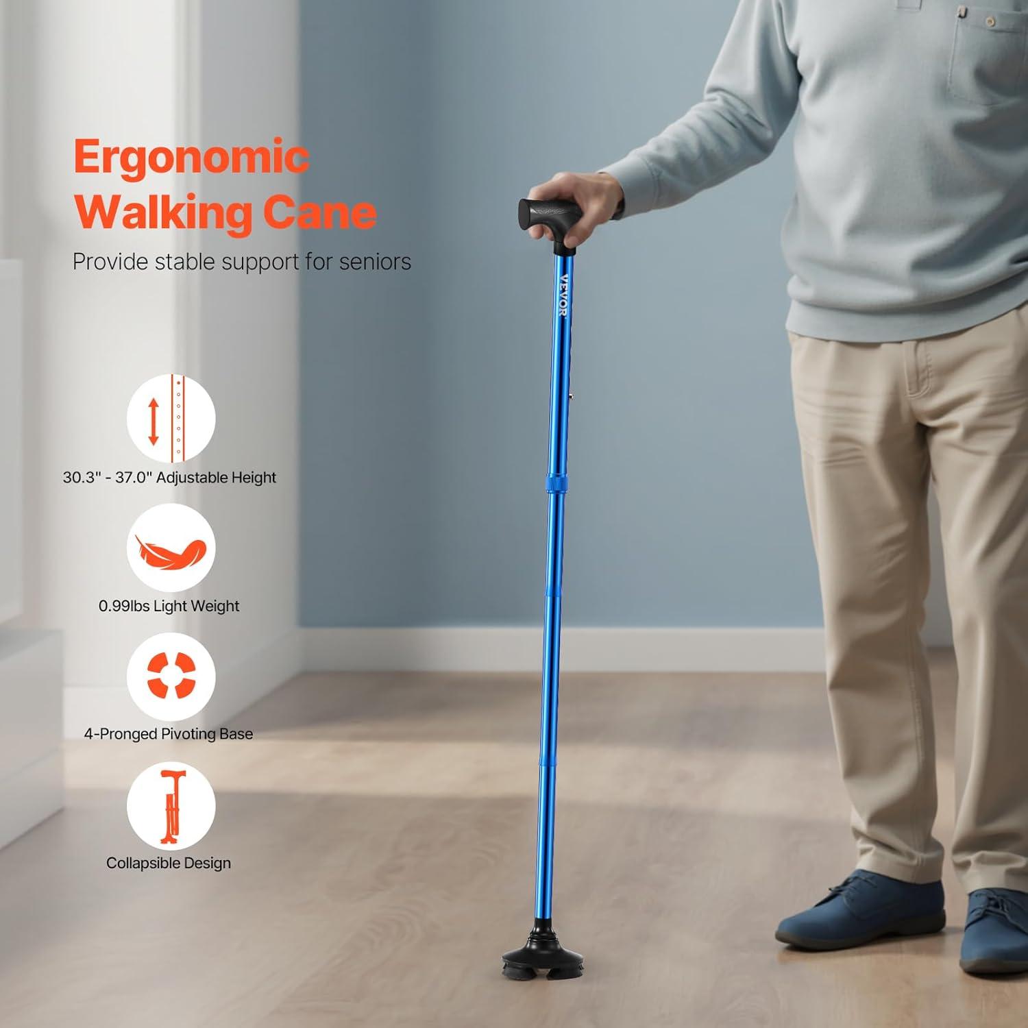 VEVOR Walking Cane for Man Woman, Folding Walking Stick with 8-Level Adjustable Height, 4-Pronged Pivoting Base, Lightweight & Portable Aluminum Mobility Aid for Seniors Adults, 250LBS Loading(Black)