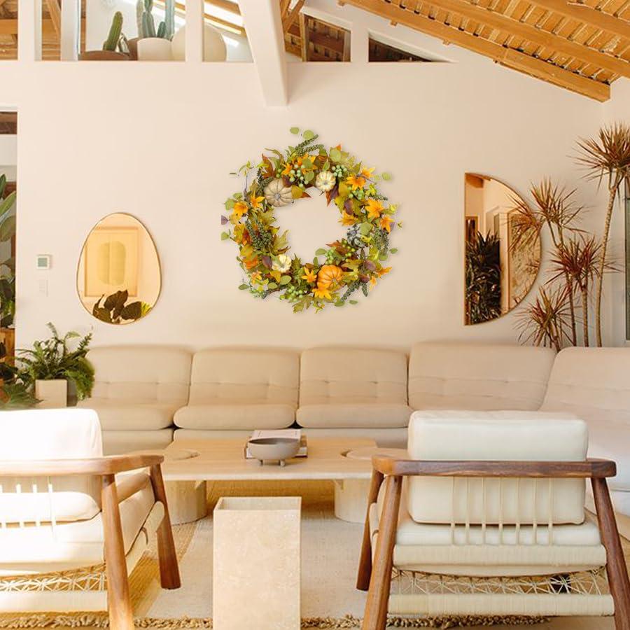 Fall Wreath 20’’ Autumn Front Door Wreath Harvest Wreath with Sunflower Pumpkins Berries Maple Leaves Daisies for Outside Indoor Home Wall Festival Thanksgiving Autumn Farmhouse Decor