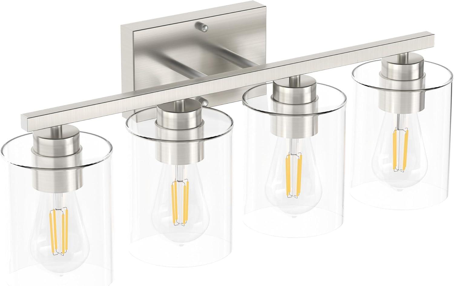 Brushed Nickel 4-Light Bathroom Vanity Fixture with Clear Glass Shades