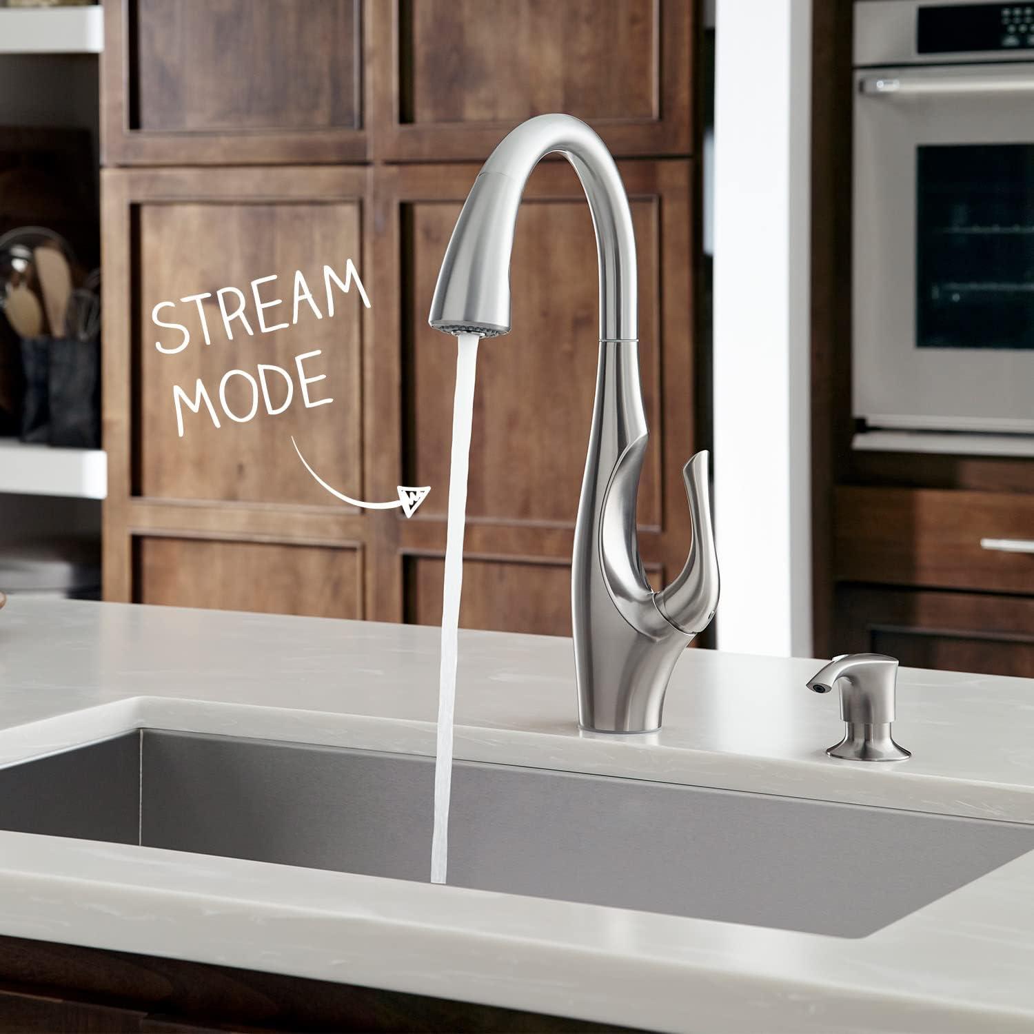 Pfister Indira Kitchen Faucet with Pull Down Sprayer and Soap Dispenser, Single Handle, High Arc, Spot Defense Stainless Steel Finish, F5297NDGS