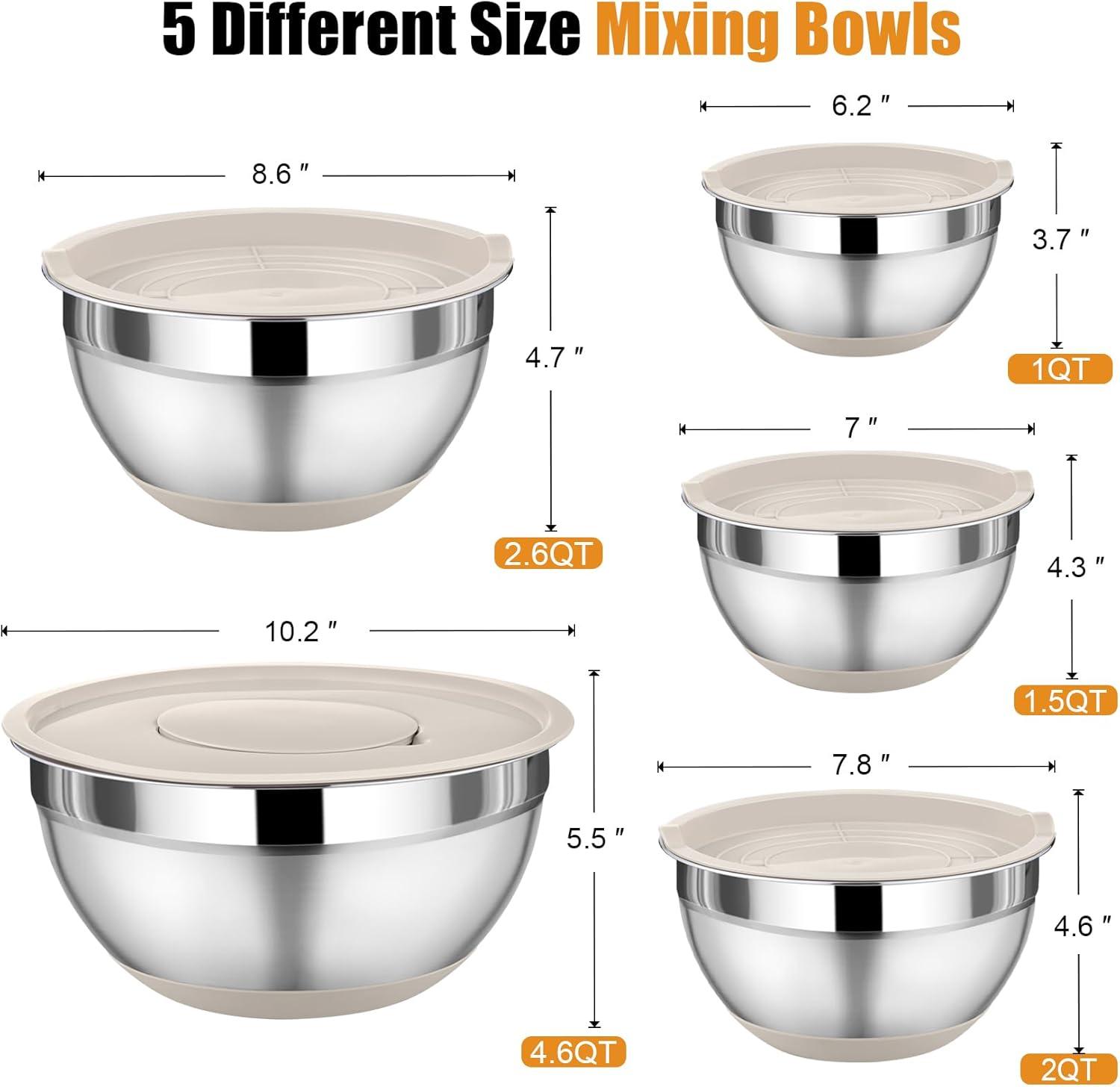 Khaki Stainless Steel Nesting Mixing Bowls with Lids Set of 5