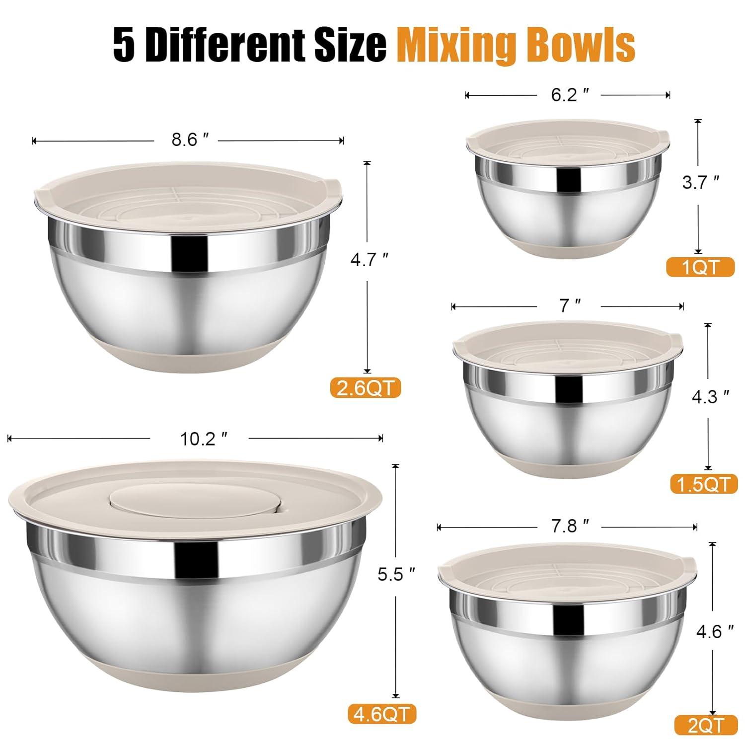 Toledo Bath & Kitchen Stainless Steel Mixing Bowls With Lids, 5-Pack Metal Nesting Bowls With Airtight Covers For Cooking, Baking, Serving, Storage, Non-Toxic & Dishwasher Safe, Size 4.6/3/1.5/1/0.7QT - Khaki