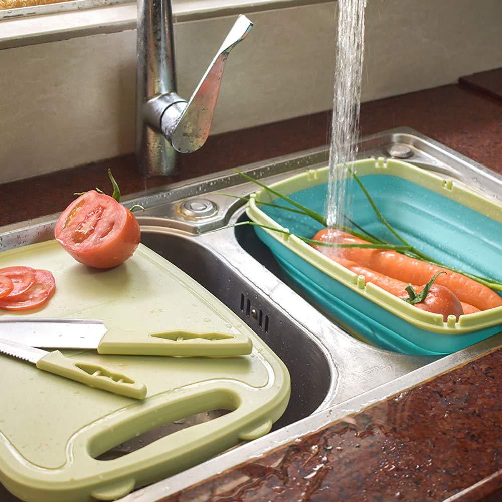 R&M HOME Green Plastic Multi-Functional Folding Cutting Board, 9-in-1 with Grating, Chopping, Slicing, Cutting, and Washing Functions for Vegetables and Fruits, Knife-Safe, Perfect for Kitchen.