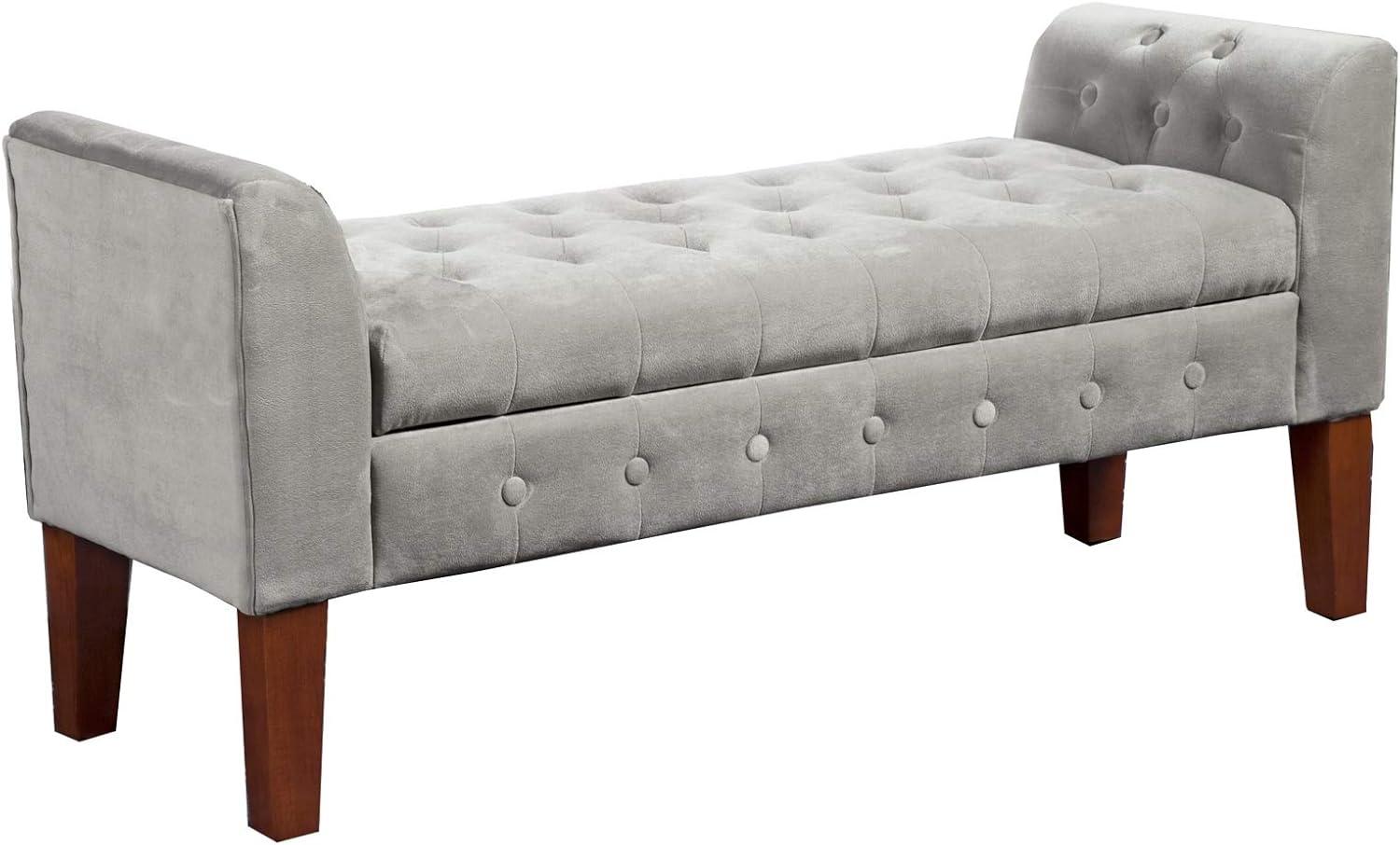 Gray Velvet Upholstered Button Tufted Wooden Storage Bench