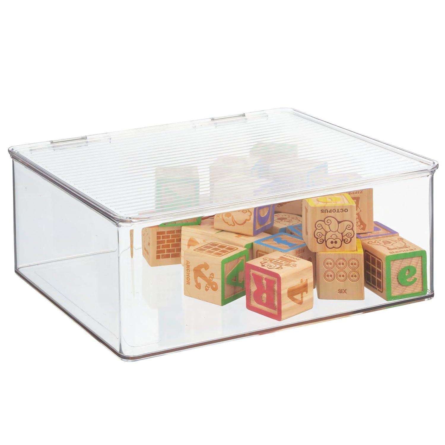 mDesign Plastic Stackable Toy Storage Bin Box with Hinge Lid, 8 Pack - Clear