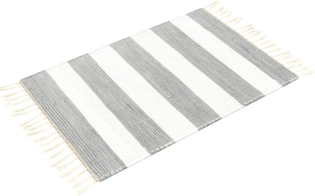 Gray and Ivory Striped Cotton Fringe Area Rug