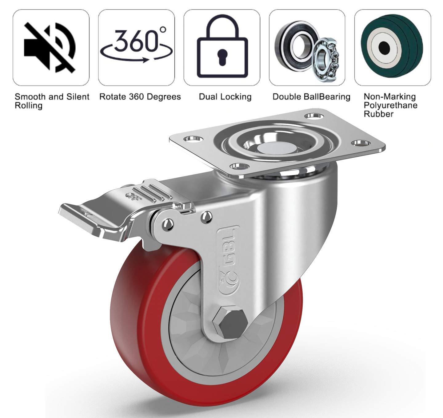 GBL 4" Heavy Duty Caster Wheels with Brakes + Screws - up to 1320Lbs - Set of 4 No Floor Marks Silent Industrial Castor for Furniture - Rubbered Trolley or Pallet Swivel Wheels - Black Casters