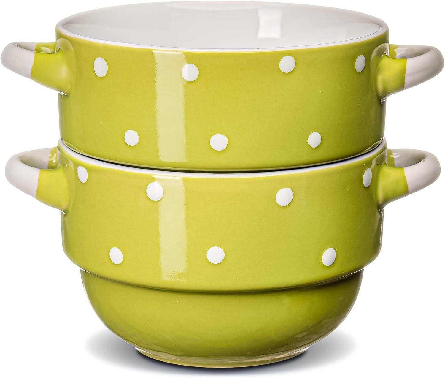 Ecodeco Soup Bowls with Handles Ceramic, Green, 16 oz, Set of 4