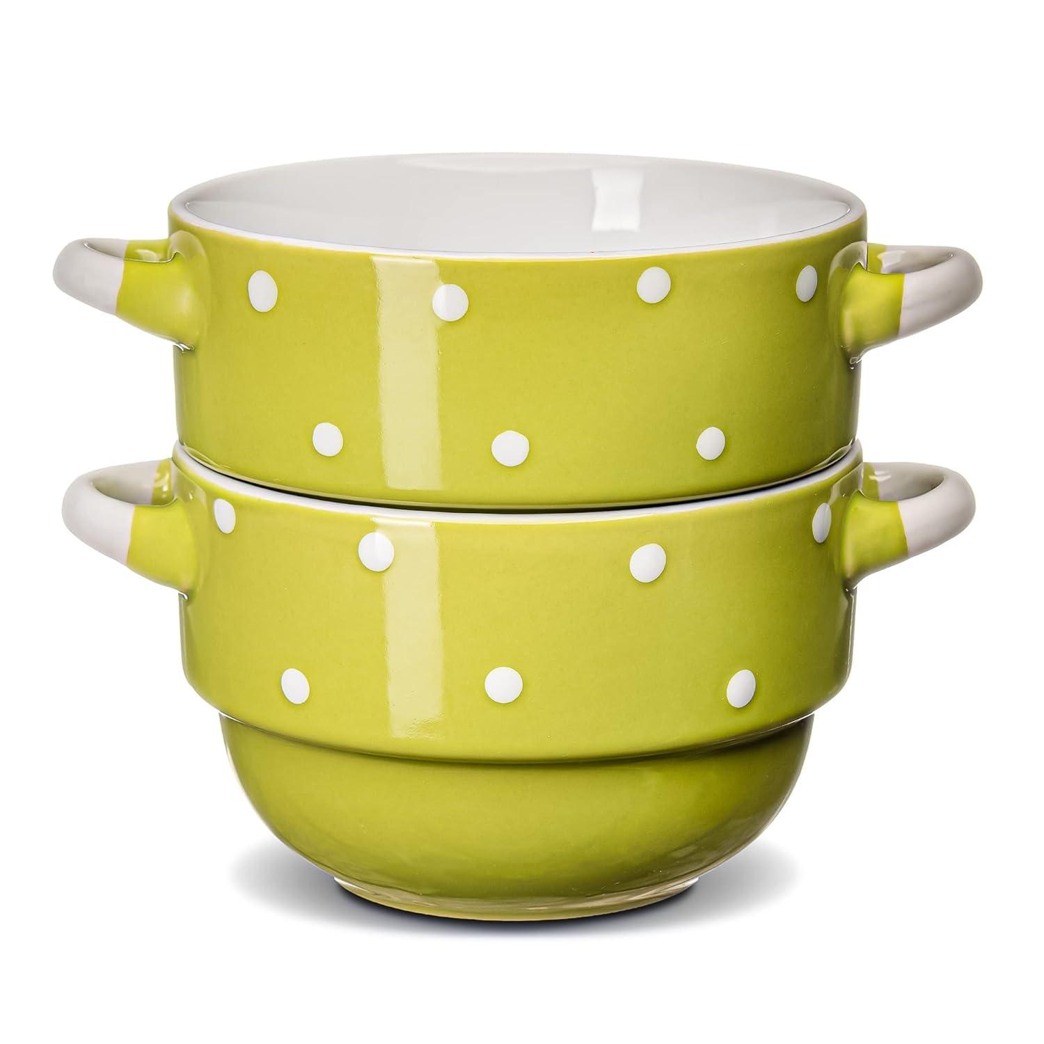 Ecodeco Soup Bowls with Handles Ceramic, Green, 16 oz, Set of 4