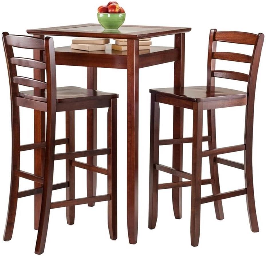 3pc Halo Bar Height Dining Set Wood/Walnut - Winsome: Ladder Back Stools, Tempered Glass Shelf