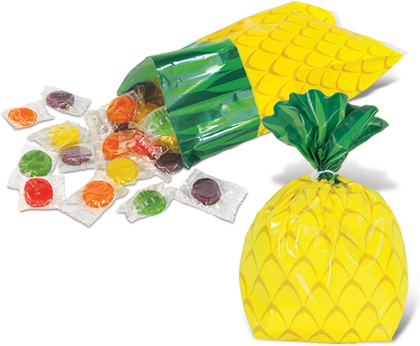 Beistle 75 Piece Tropical Treat Favor Bags, 4" x 9" x 2" - Summer Luau Party Pineapple Cello Candy Holders With Twist Ties