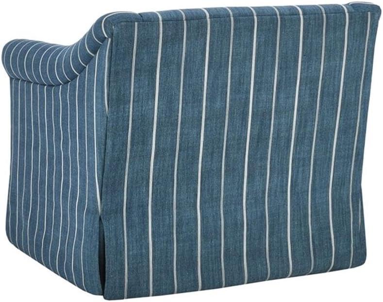 Blue Striped Linen Swivel Accent Chair with Rolled Arms