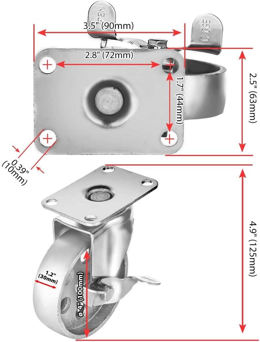 Heavy-Duty Gray Iron Swivel Plate Caster Wheels with Brake Lock, 4-Pack