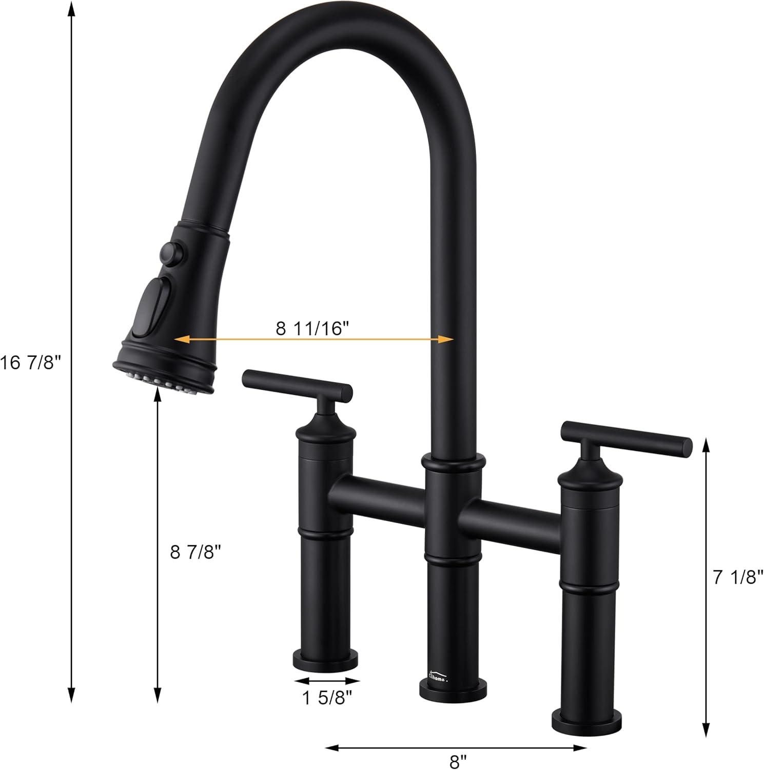 Double Handle Bridge Pull-Down Kitchen Faucet with 3-Spray Patterns and 360 Degrees Rotation Spout in Brushed Nickel