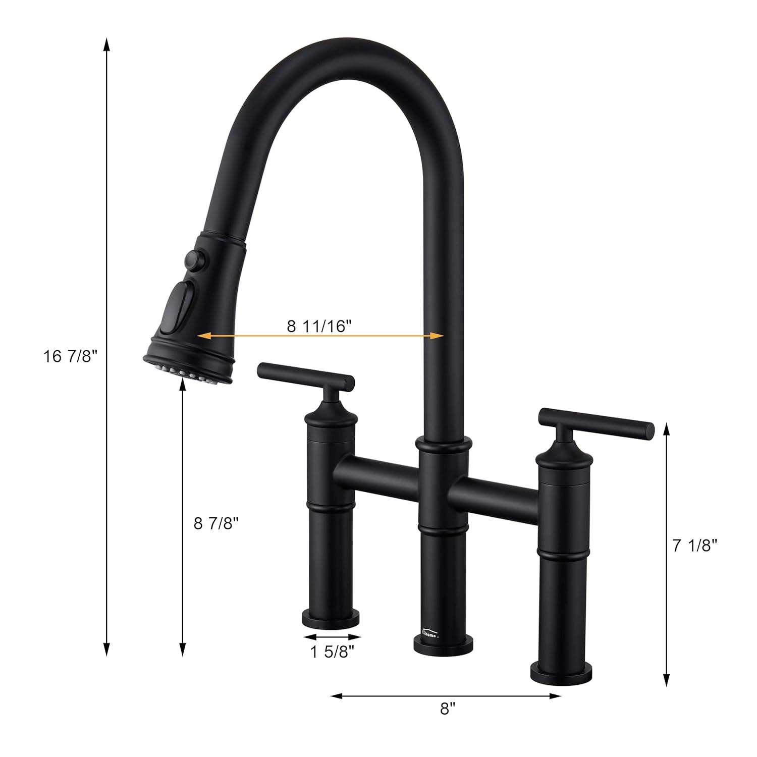 Double Handle Bridge Pull-Down Kitchen Faucet with 3-Spray Patterns and 360 Degrees Rotation Spout in Brushed Nickel