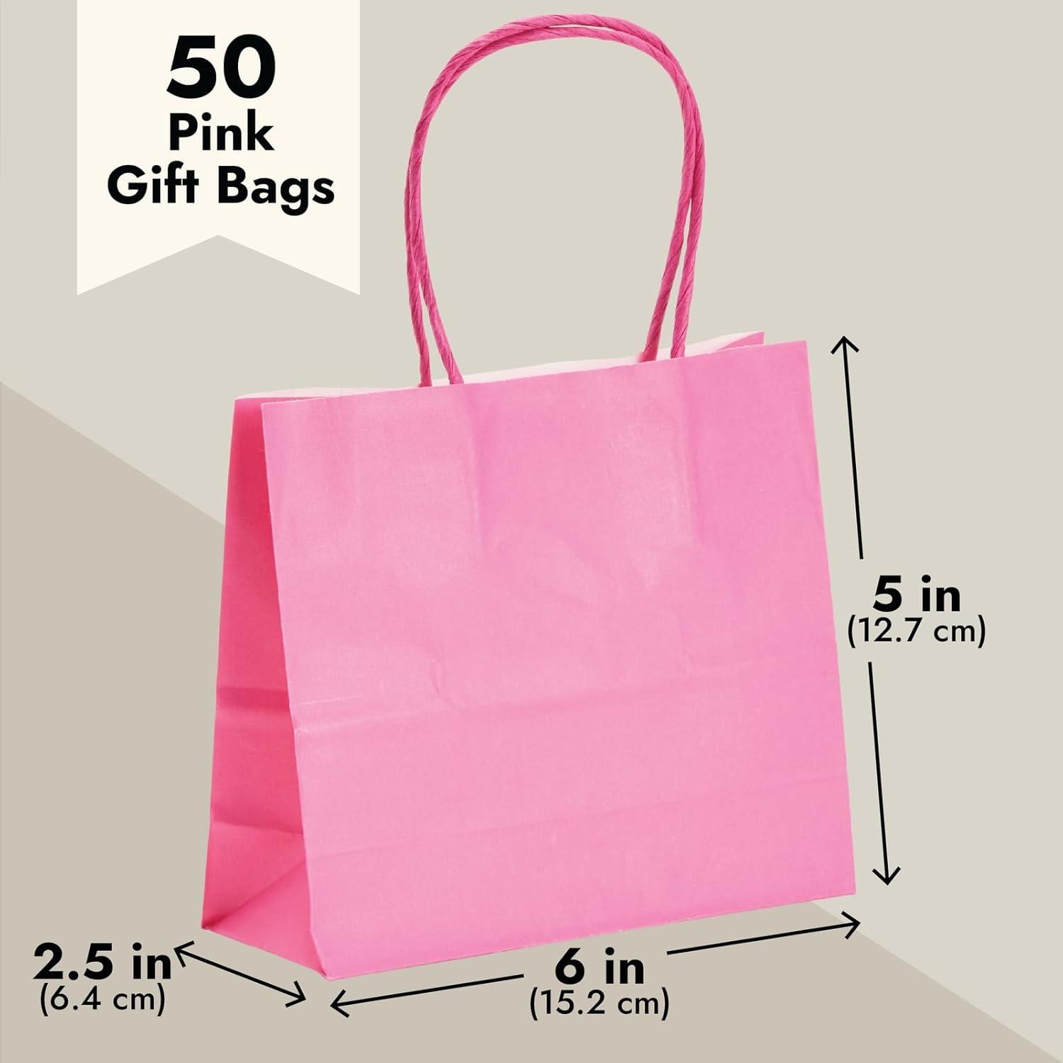 Sparkle and Bash 50 Pack Mini Pink Gift Bags with Handles, Bulk Kraft Party Favor Bags, 6 x 5 x 2.5 in