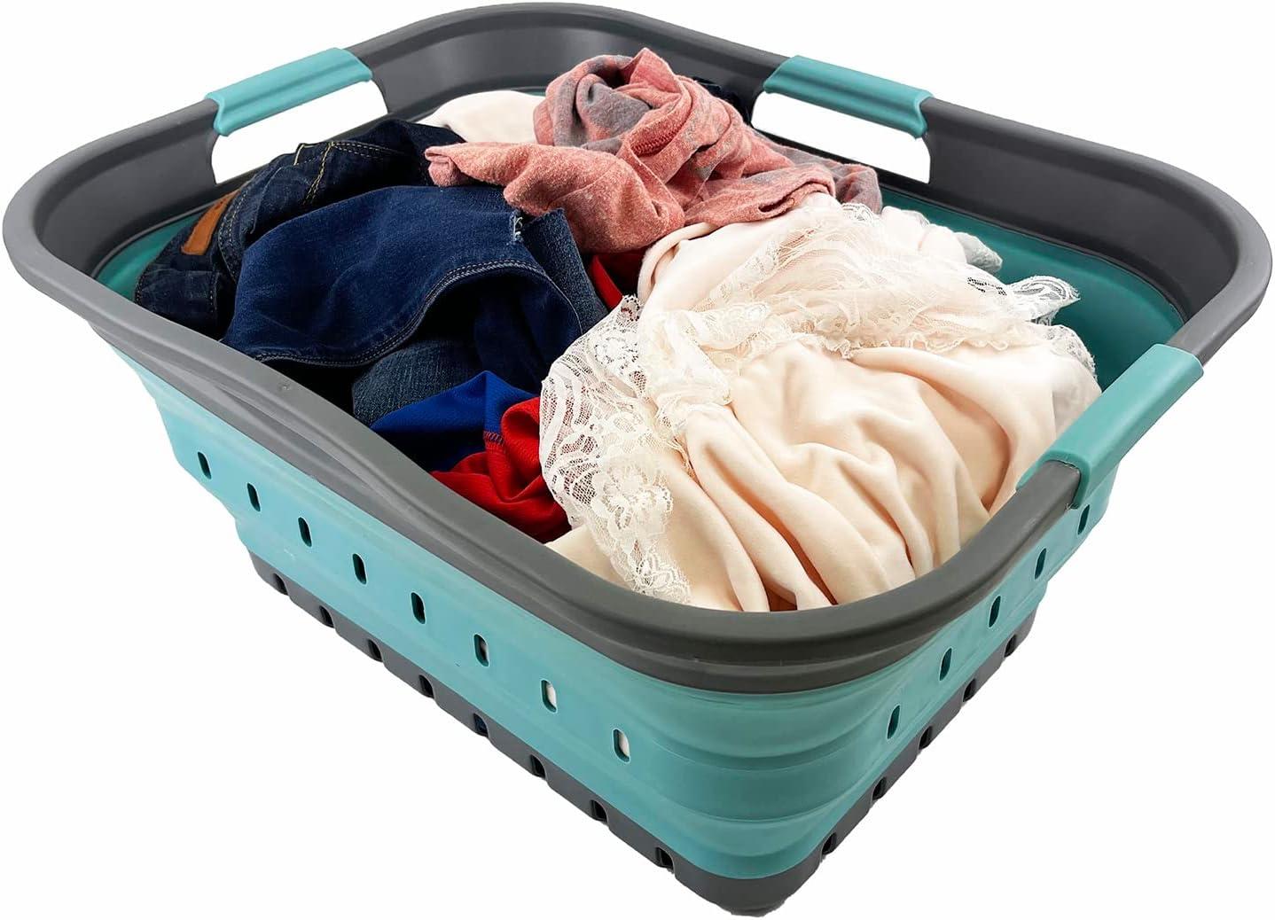 42L Collapsible Plastic Laundry Baskets in Gray and Blue